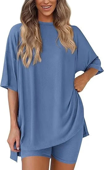 🔥Women's Two Piece Lounge Set 2025 Summer Casual Oversized Shirts Biker Shorts Matching Airport Travel Outfit