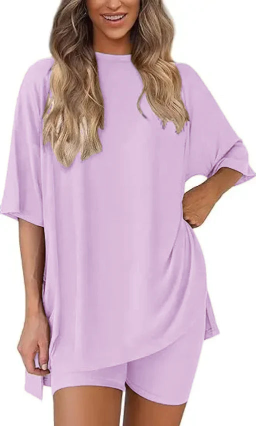 🔥Women's Two Piece Lounge Set 2025 Summer Casual Oversized Shirts Biker Shorts Matching Airport Travel Outfit