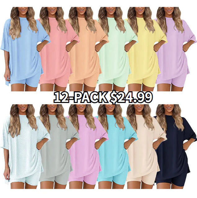 🔥Women's Two Piece Lounge Set 2025 Summer Casual Oversized Shirts Biker Shorts Matching Airport Travel Outfit