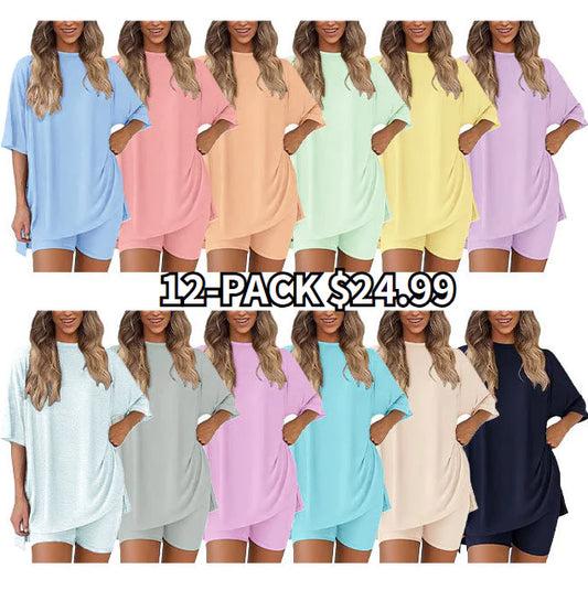 🔥Women's Two Piece Lounge Set 2025 Summer Casual Oversized Shirts Biker Shorts Matching Airport Travel Outfit