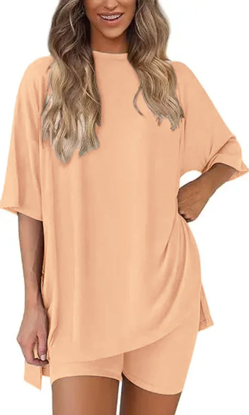 🔥Women's Two Piece Lounge Set 2025 Summer Casual Oversized Shirts Biker Shorts Matching Airport Travel Outfit