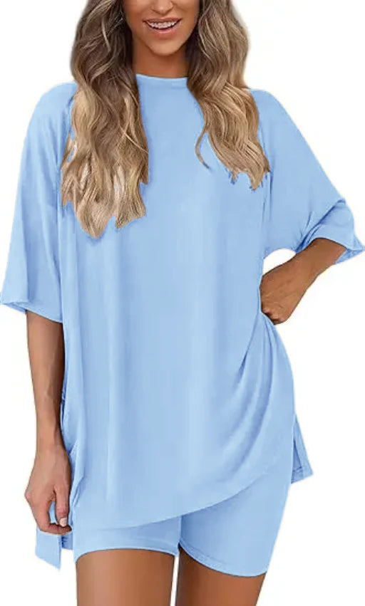🔥Women's Two Piece Lounge Set 2025 Summer Casual Oversized Shirts Biker Shorts Matching Airport Travel Outfit