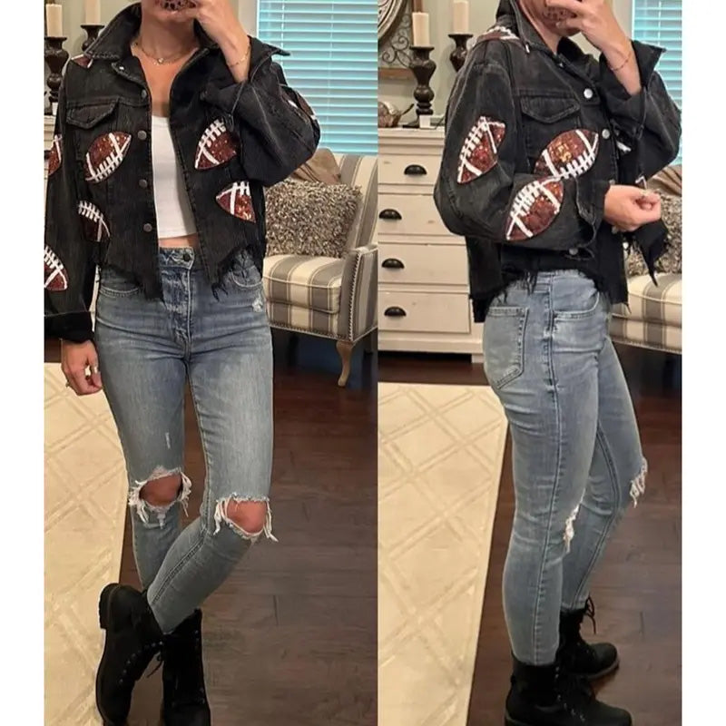 Women's Corduroy Jacket with Football Sequin Patch